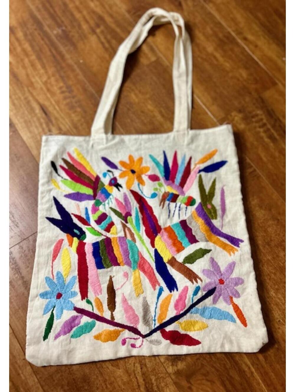 Colorful Embroidered Cotton Tote Bag with Birds and Flowers